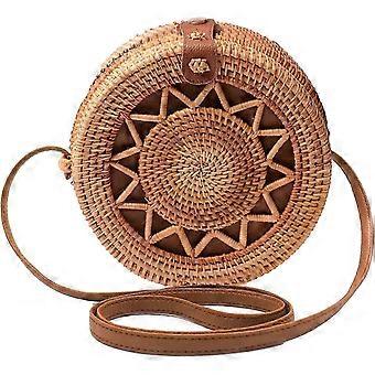Bolso de ratán redondo tejido a mano Correas de cuero para el hombro Mano chic natural Gran regalo para mamá y novia