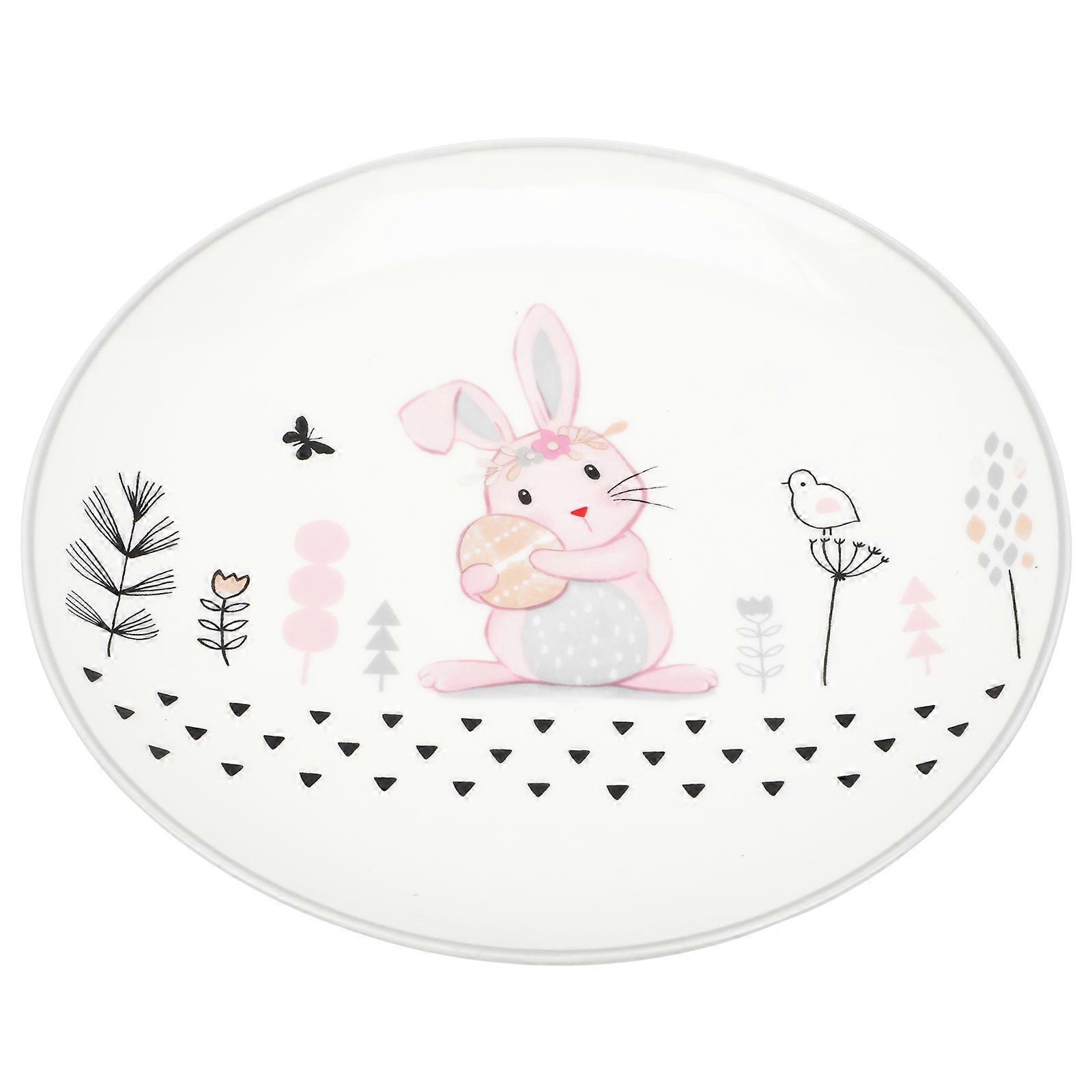 Ceramic Plate Lovely Rabbit Pattern for Salad Serving White Ceramic