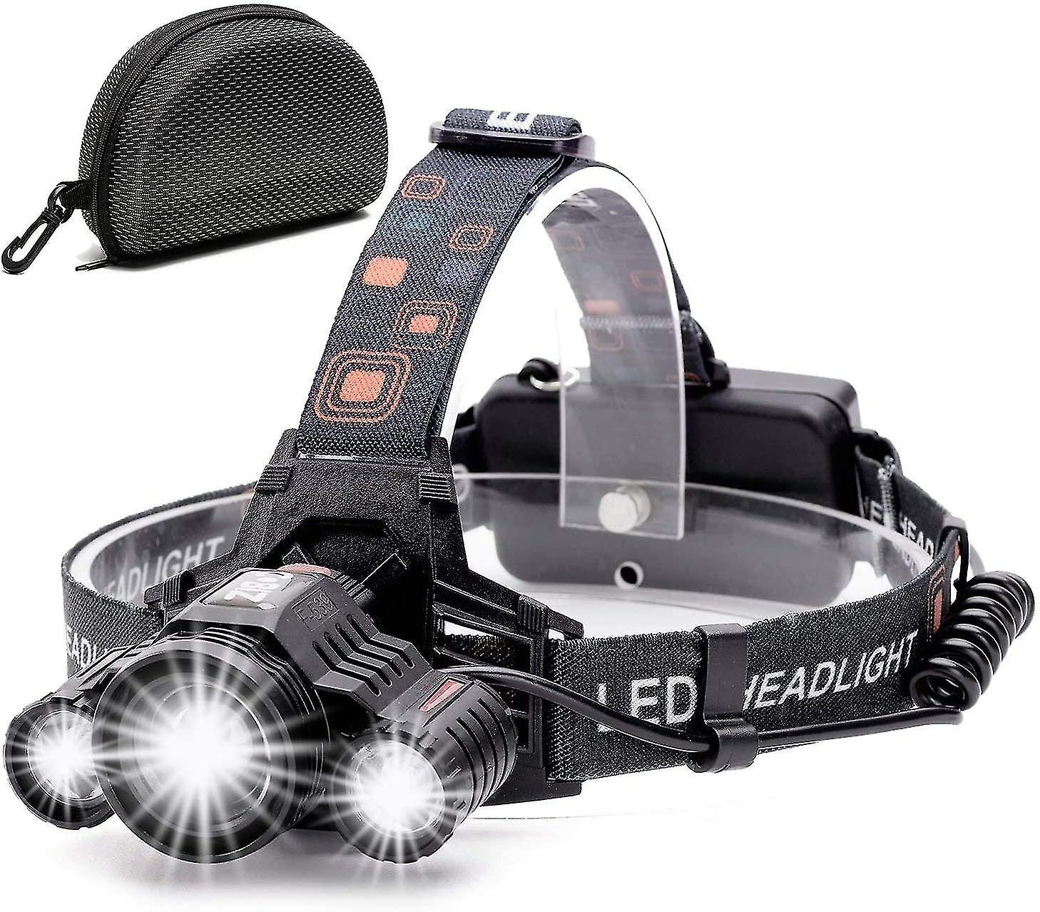 Rechargeable Led Headlamp, 10000 Lumen Powerful Torch Light 4 Modes 3 Led Cree Xml-t6 Zoomable Waterproof Head Torch With Usb Cable And 2 Batteries
