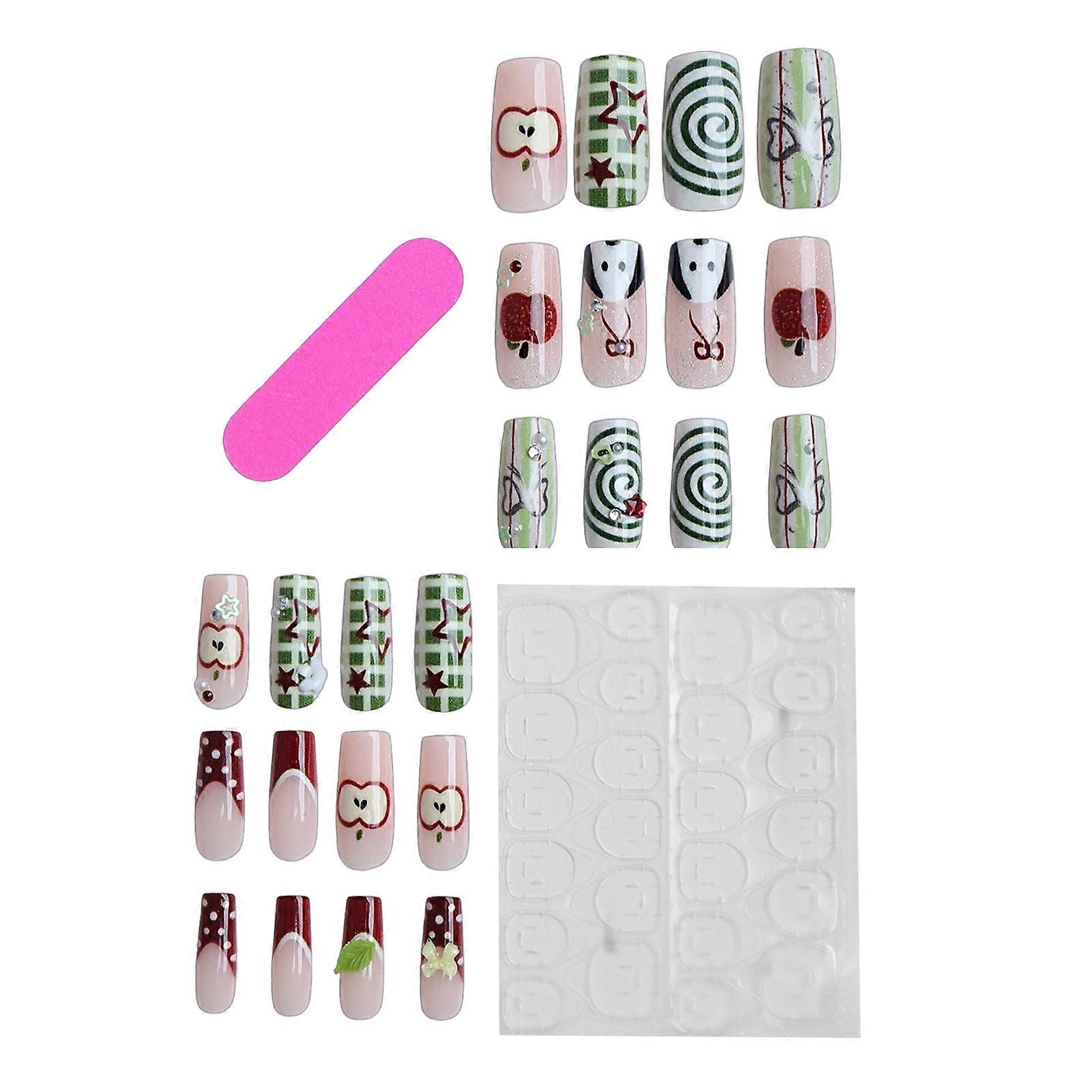 French Tip Artificial Nails with Fruit Dog Pattern Reusable Style