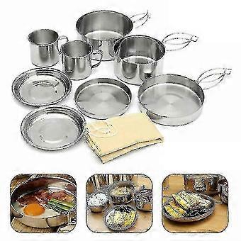 8pcs Outdoor Camping Cookware Picnic Pot Cook Pan Set Stainless Steel Hiking Bbq