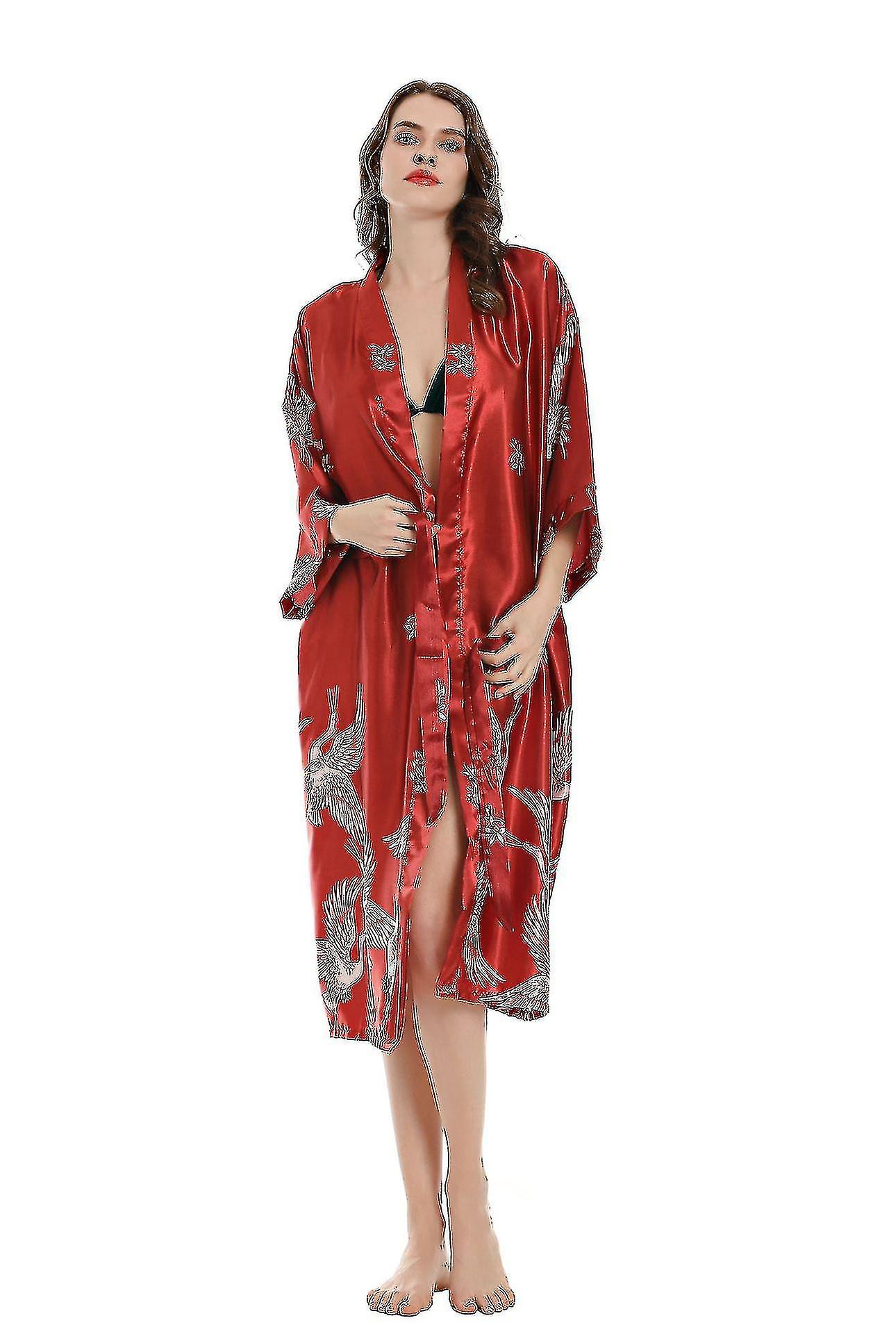 Kimono Robe Satin Vêtements de Nuit Chemisier Soyeux Peignoir Floral Grue Chemise de Nuit - JXLGV