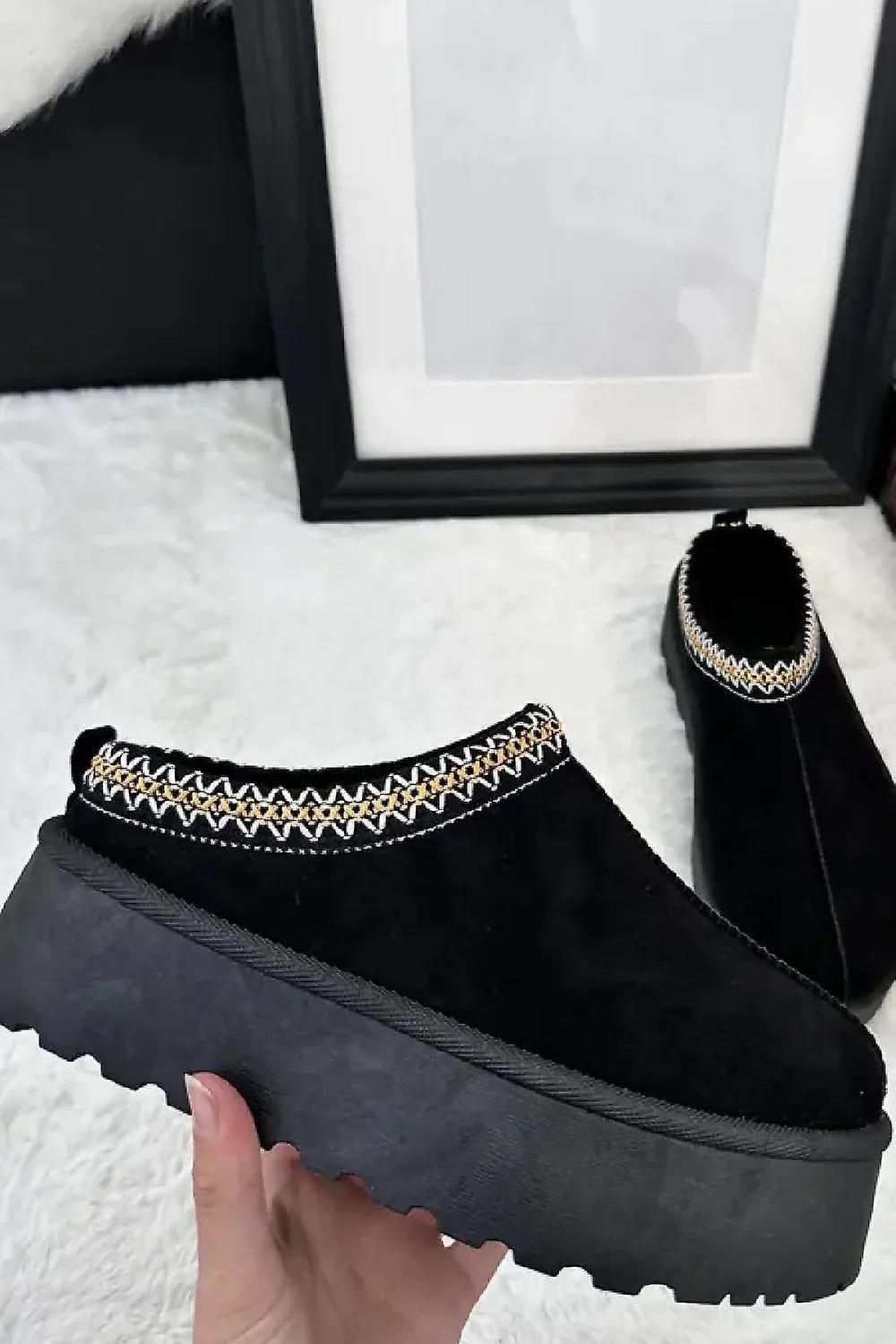 H.O.S Fekete Sárga hímzett Platform Faux Fur téli papucs