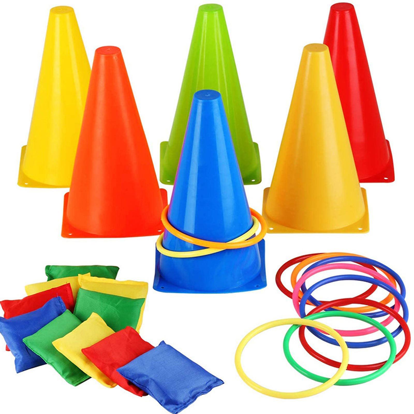 3 in 1 Carnival Outdoor Games Combo Set for Kids Soft Plastic Cones Bean Bags Ring Toss Game Gift for Birthday Party