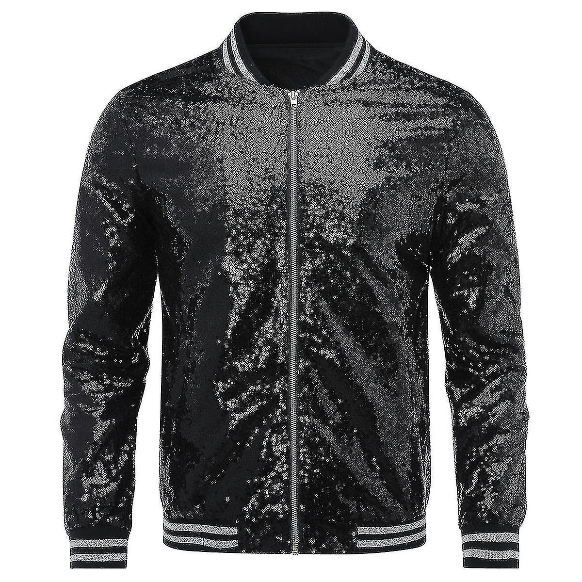 Mens Sequins Casual Zipper Party Bomber Jacket