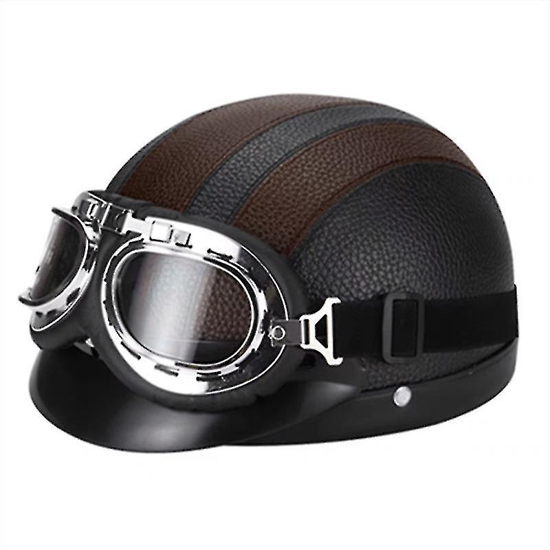 Retro Motorcycle Leather Half Helmet With Goggles