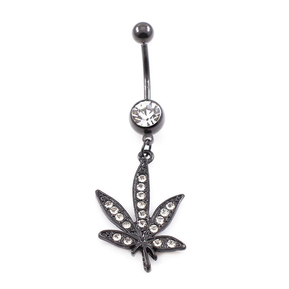 Belly ring pot leaf black anodized dangle design with cubic zirconia jewels