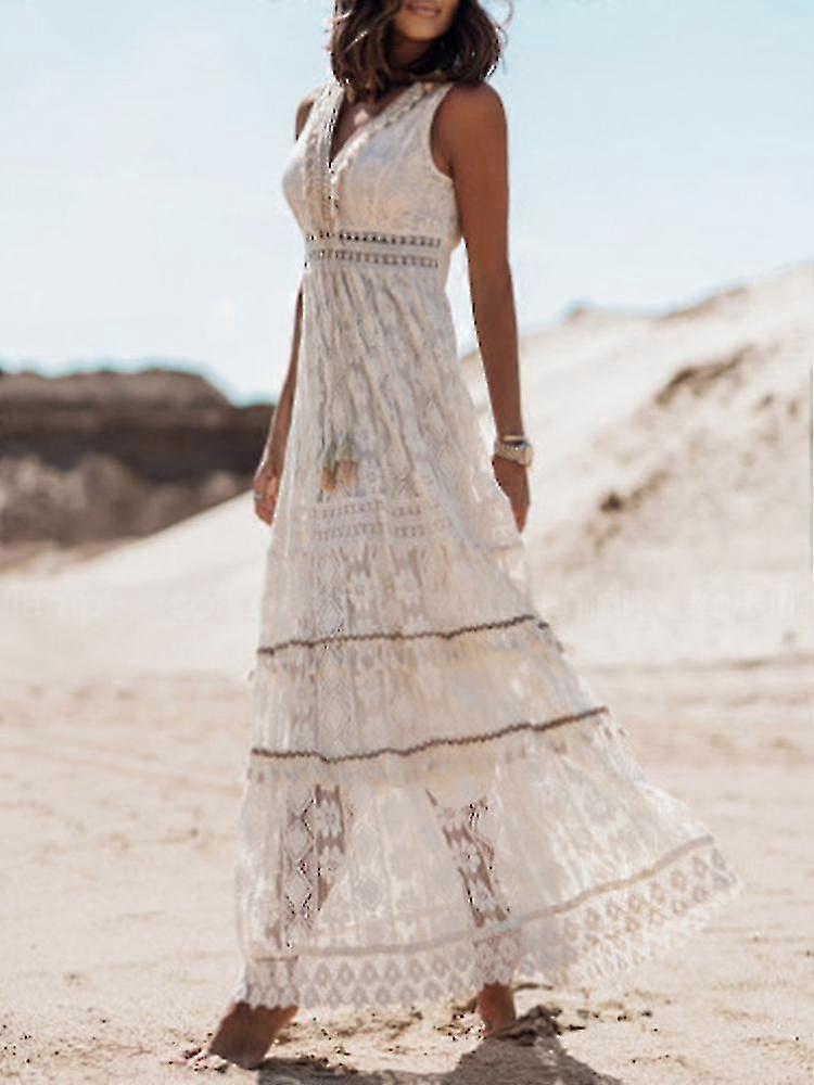 Summer Boho Long Dresses Women Lace V Neck Spaghetti Strap Dress