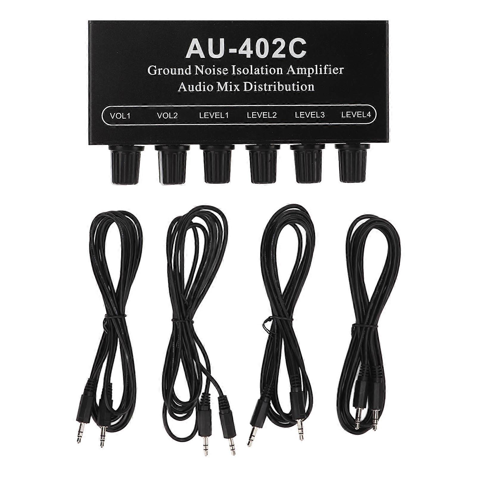 Stereo Dual Channel Audio Splitter 4 in 2 Out Mixer Ground Noise Isolation Amplifier with Cable