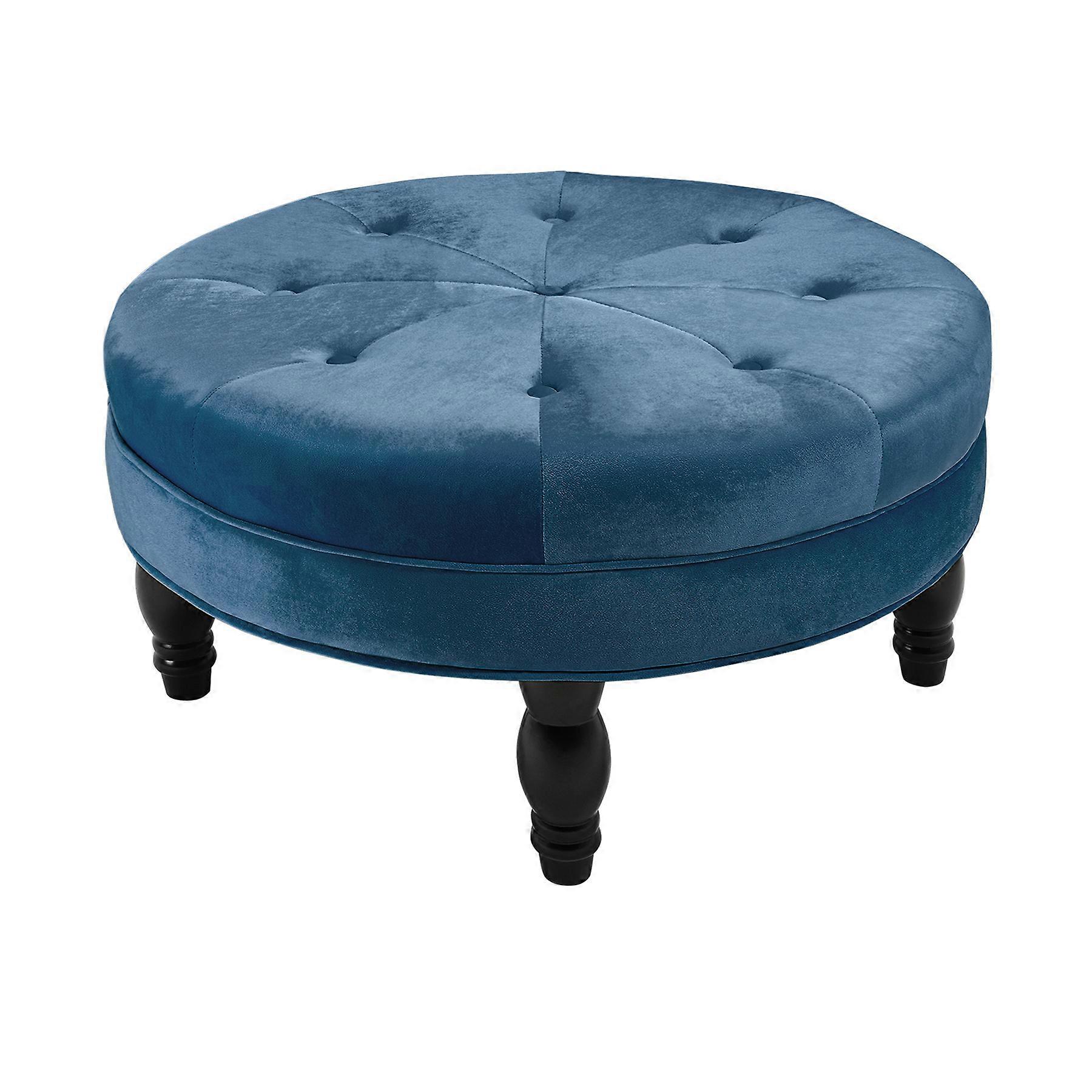 Ottoman Footstool Coffee Table Round Velvet Tufted Buttoned Footrest Blue 75cm