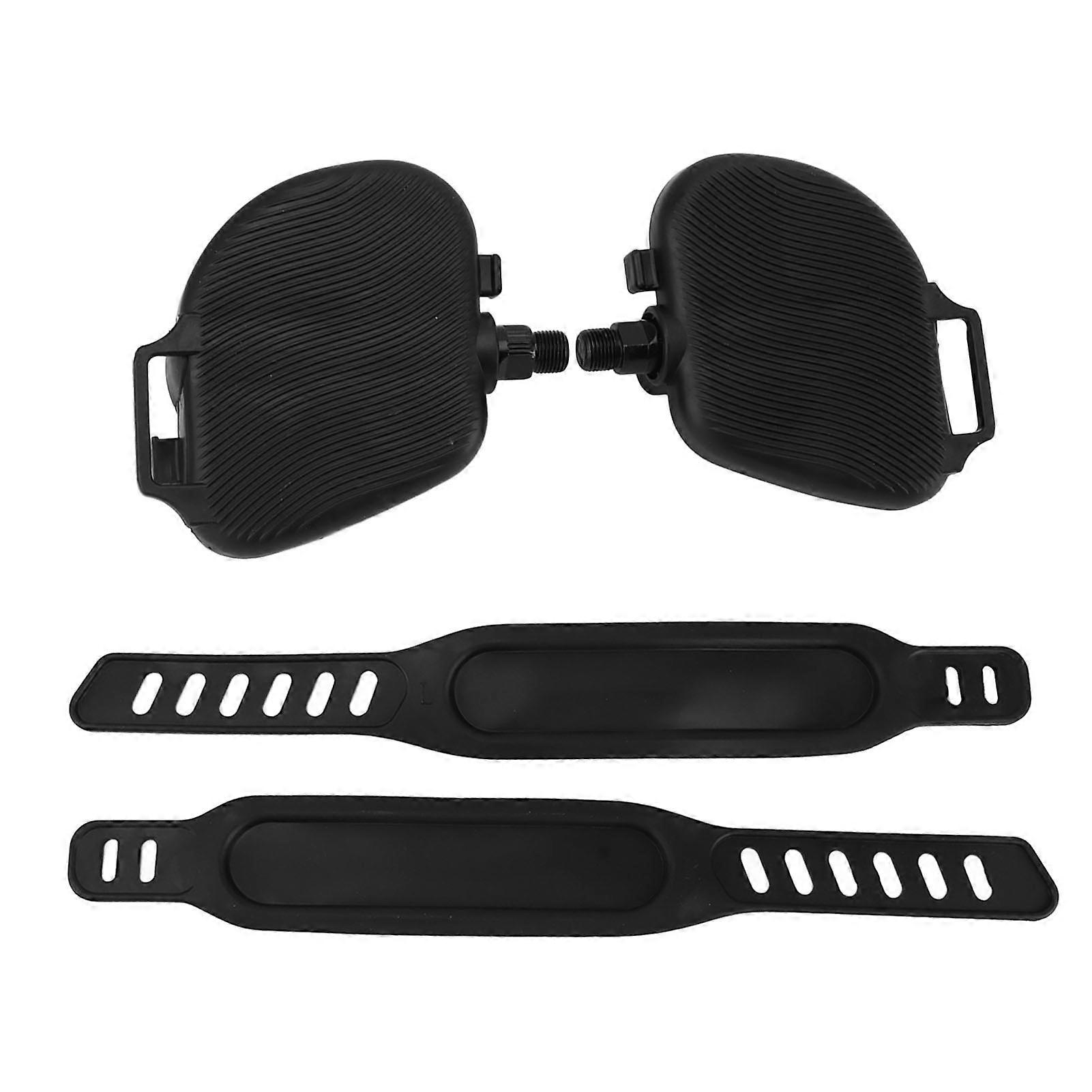 1pair Exercise Bike Pedals Anti Slip Strip Pattern Portable Exercise Bike Parts With Adjustable Strap For Stationary Bike 9/16in Thread