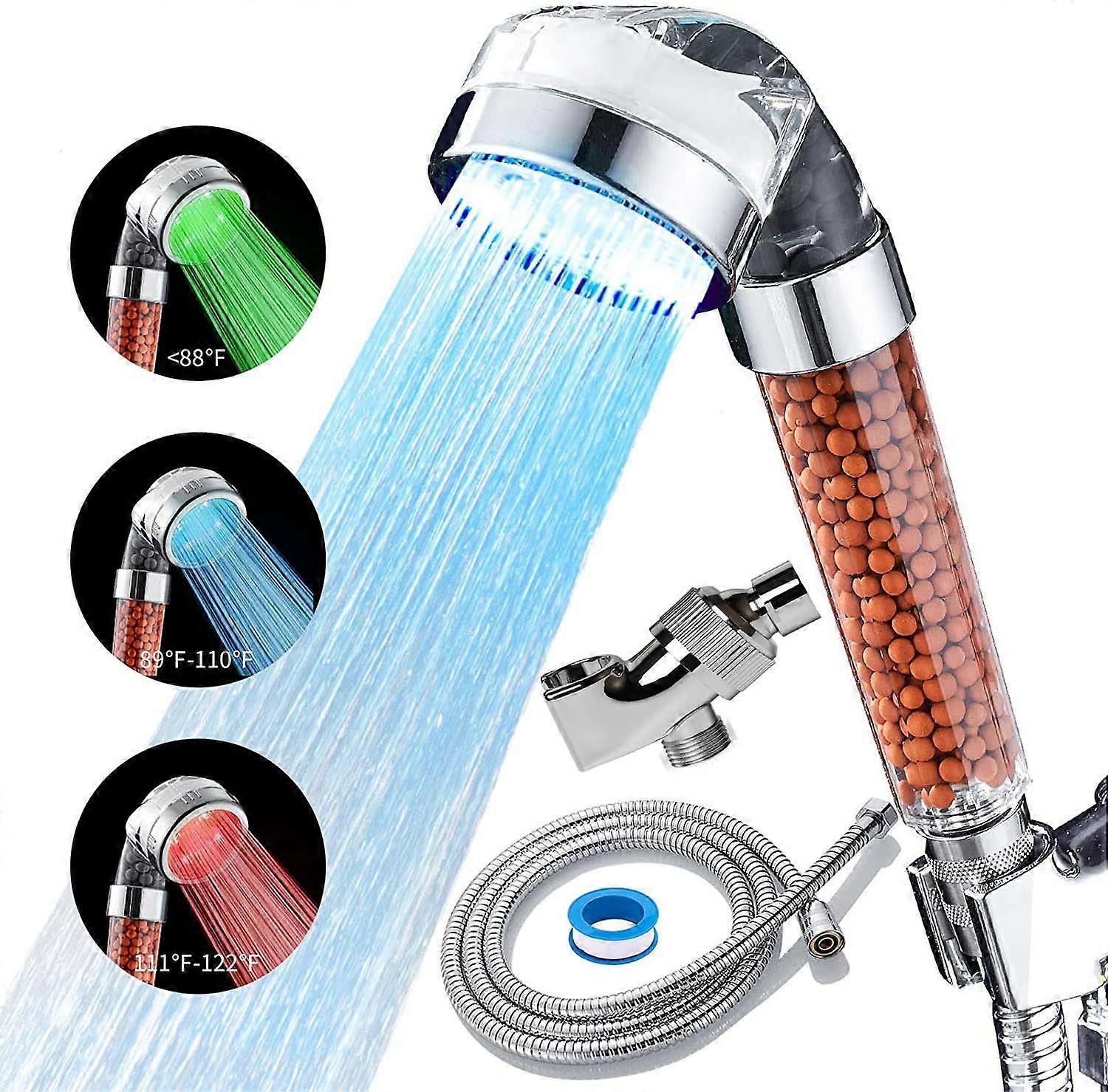 Shower Head LED Color Changing, Filter Filtration Water Saving Spray Handheld Showerheads with Hose and Base for Dry Skin & Hair with Temperature-Cont