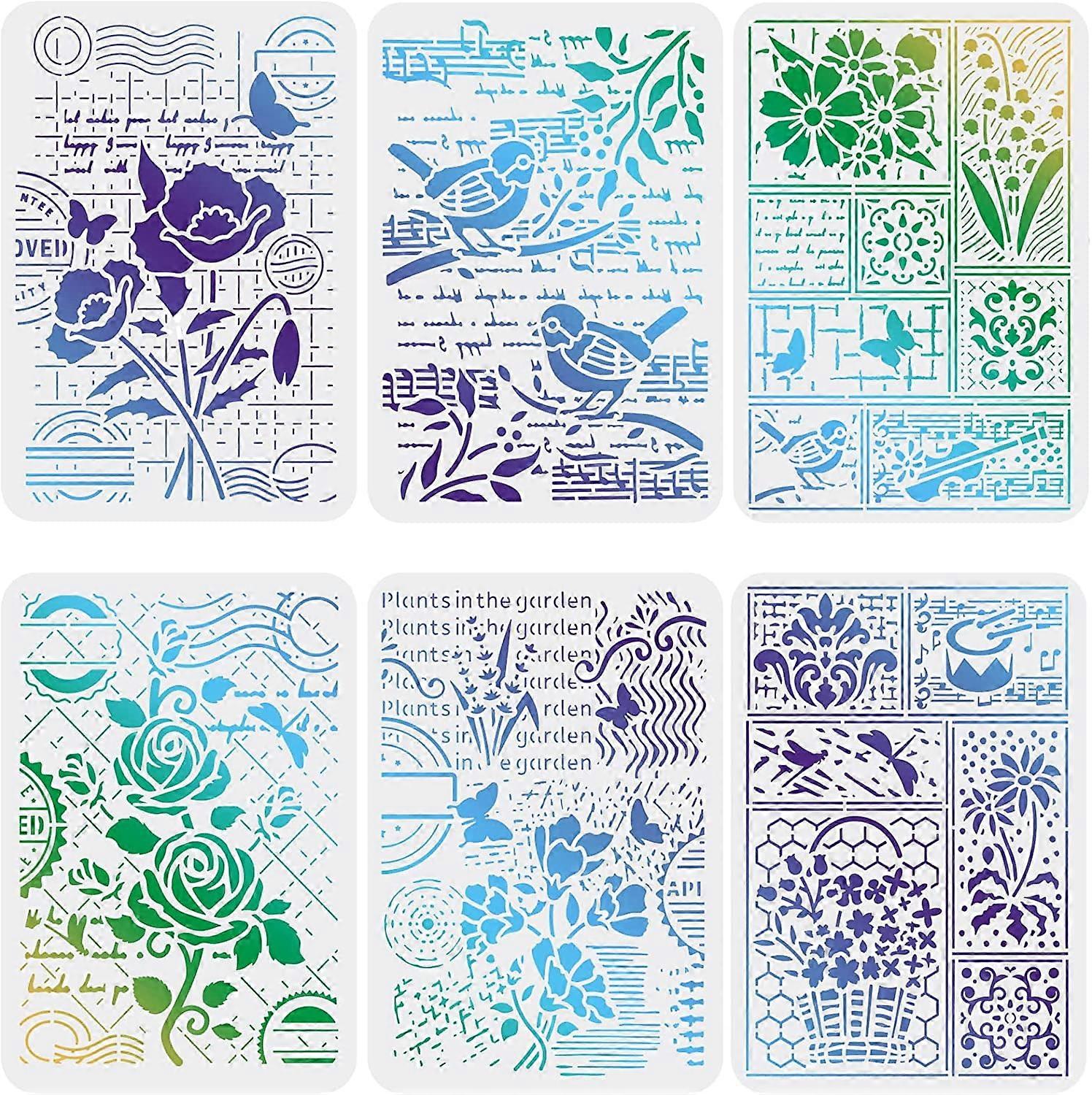 6Pcs Flower Stencils Template 11.7x8.3 inch Plastic Birds Drawing Painting Stencils Flower Stamp Butterfly Singing Bird Pattern Stencils for Painting