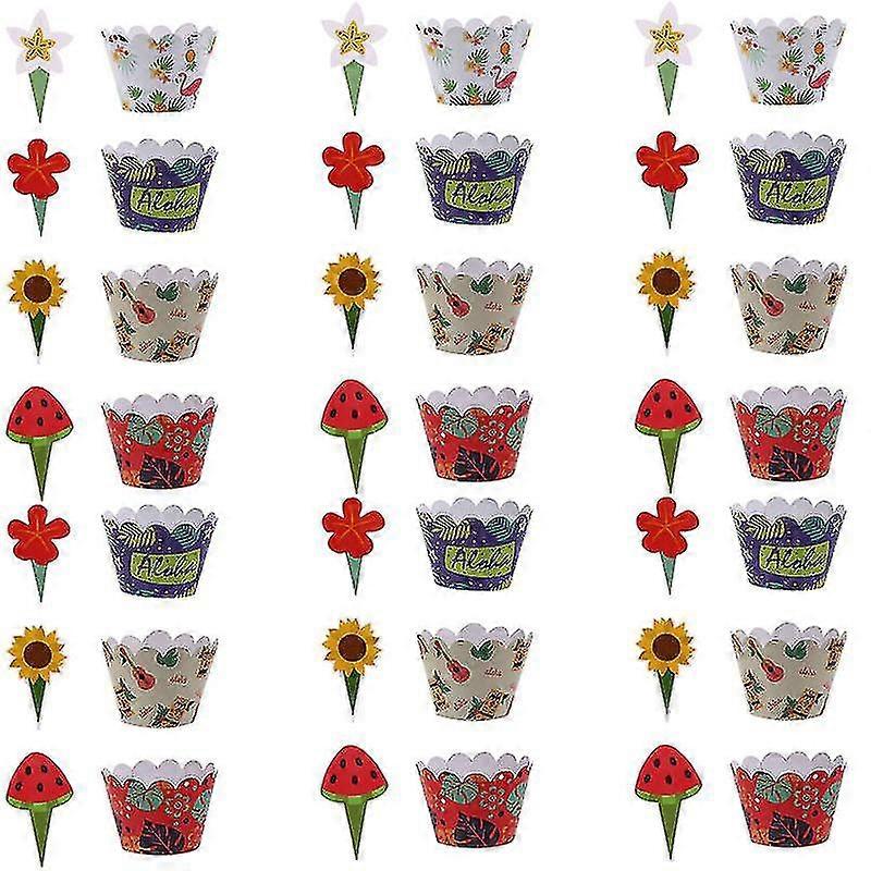 24 Sets Colorful Paper Cake Toppers Wrappers Cupcake Containers Party Supplies