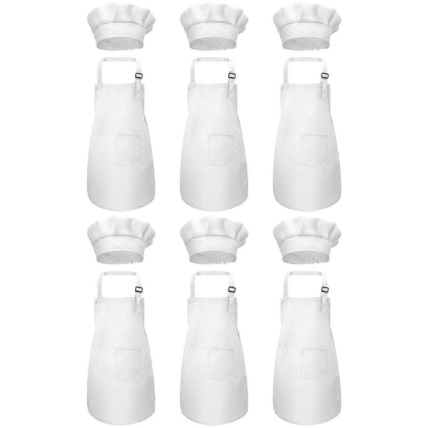 12-Piece Apron and Chef Hat Set, Adjustable Children's Apron with Pockets (White, Suitable for 2-6