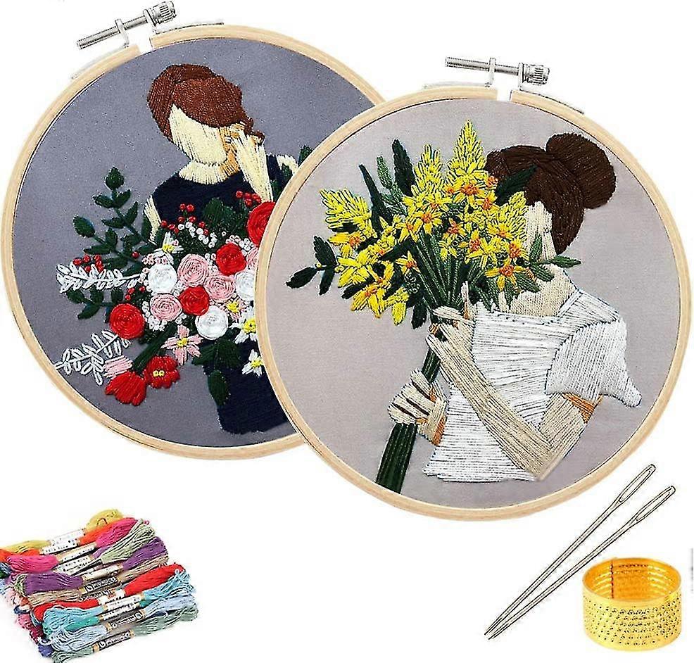 Diy Embroidery Starter Kit With Pattern Full Range Of Stamped Embroidery Kits With Instructions, Embroidery Clothes With Girls Holding Flowers Pattern