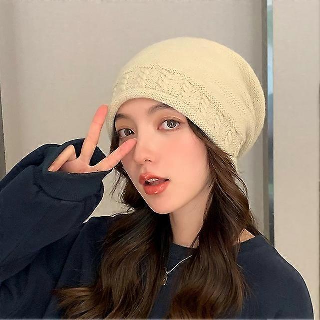 Beige autumn and winter thin knitted pile hat