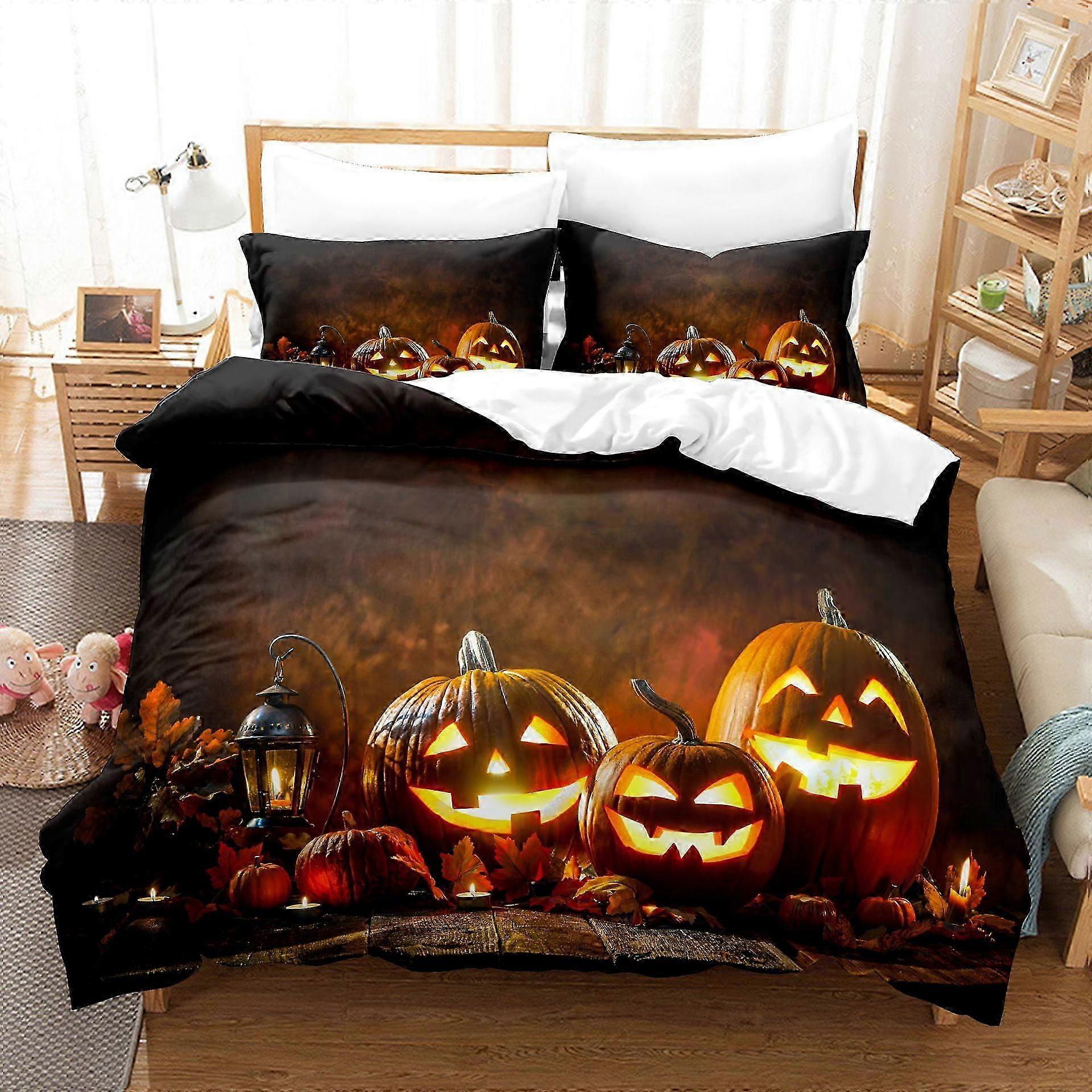 v1054 Lençóis Halloween Pumpkin Series Conjunto de Têxteis Domésticos de Três Peças Impressão Digital Capa de Colcha Brued Brued Fronha- (1 Capa de Edredom e 2 Pílulas