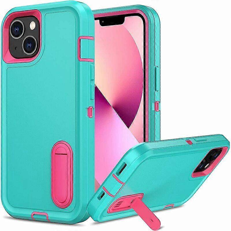 DWW-iPhone 13 케이스(페일 그린 + 로즈 레드), iPhone 13 케이스(스탠드 포함) 방진 미끄럼 방지 멀티 레이어 3 in 1 iPhone 13용 충격 방지 범퍼