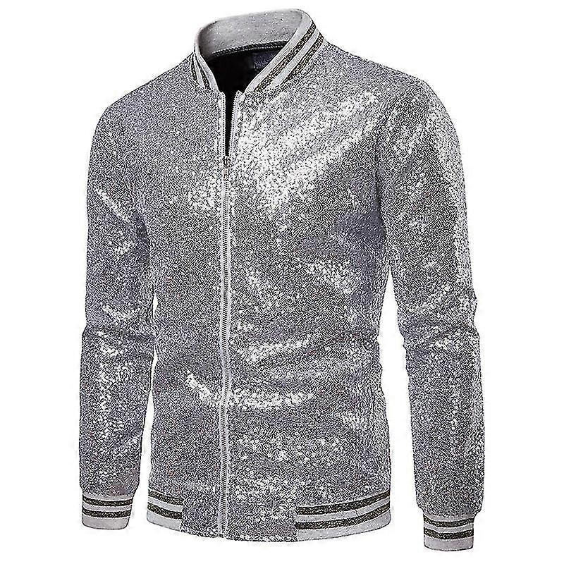 Mens Sequins Casual Jacket Party Bomber Zipper Coat-silver