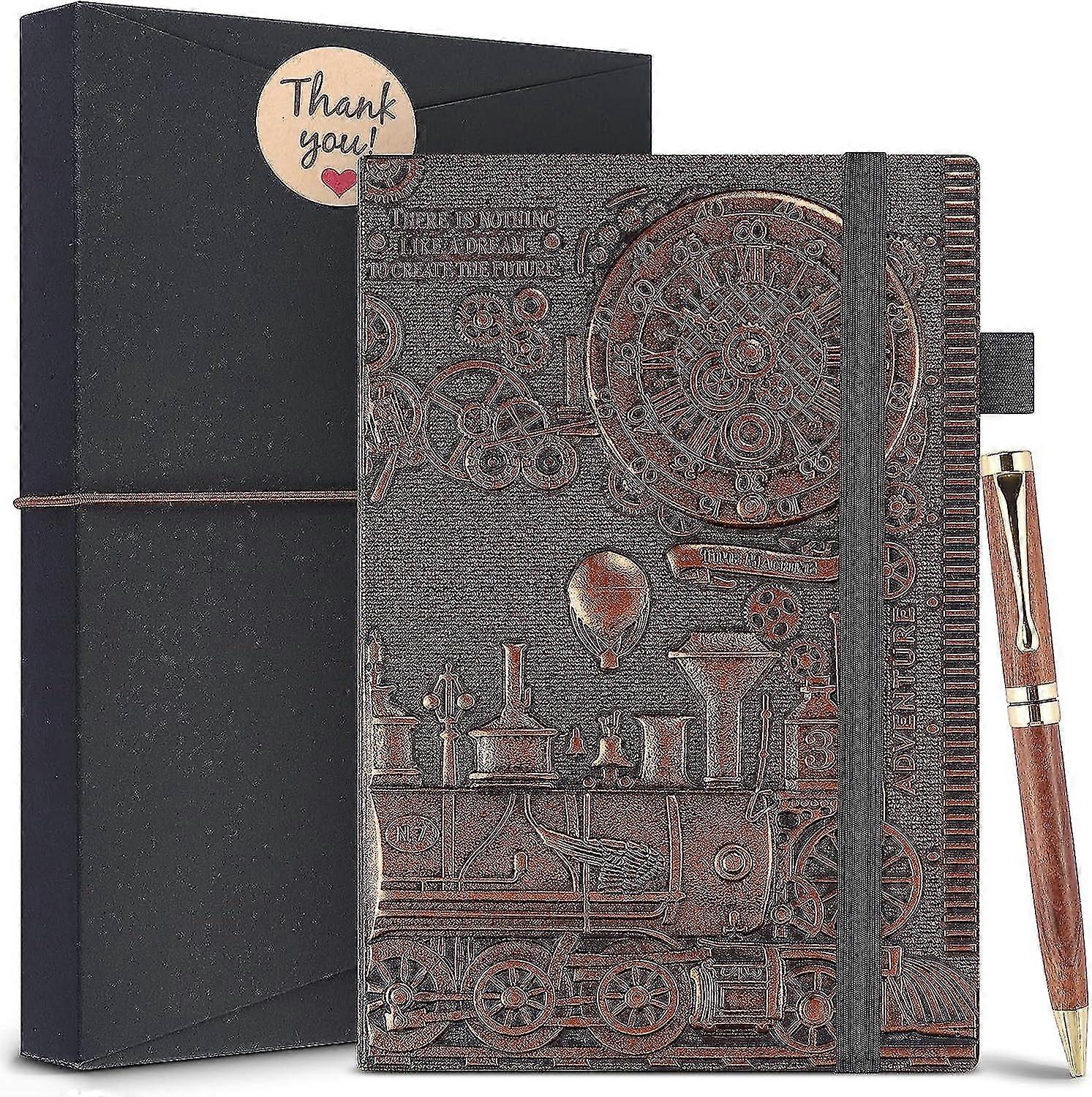 Leather Writing Journal Vintage Notebook With Pen, Embossed Train Daily Diary With Lined Page,,200pages 8.3 X 5.8in (a5 Red Bronze)"