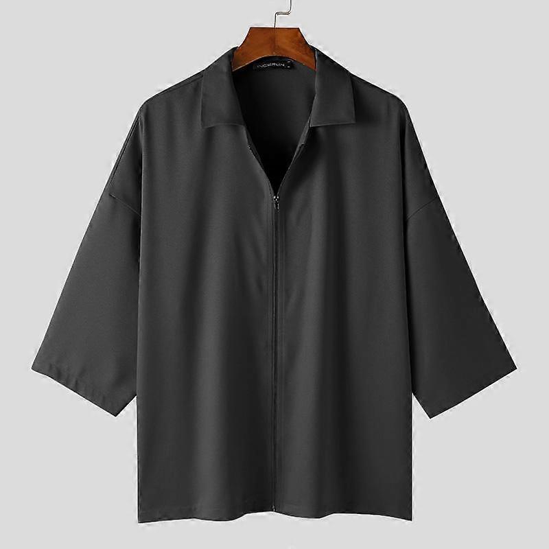 INCERUN Men Lapel Collar Zipper Up Short Sleeve Baggy Shirts