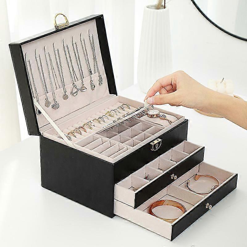 Multifunctional Three-layer Pu Leather Jewelry Storage Box With Lock