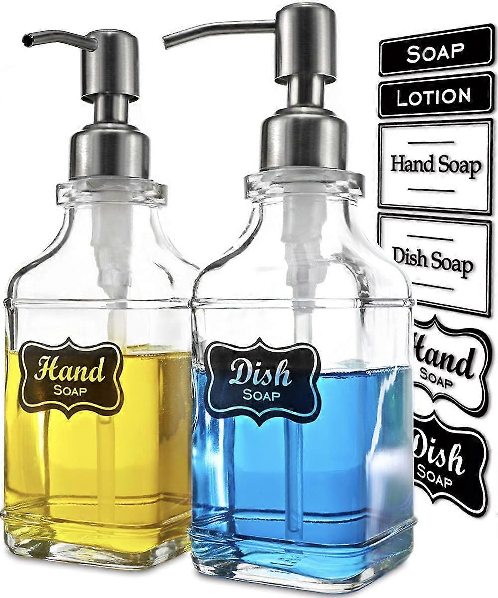 Antique Design Glass Soap Dispenser with Rust Proof 304 Stainless Steel Pump, Refillable with 10 Stickers for Kitchen & Bathroom