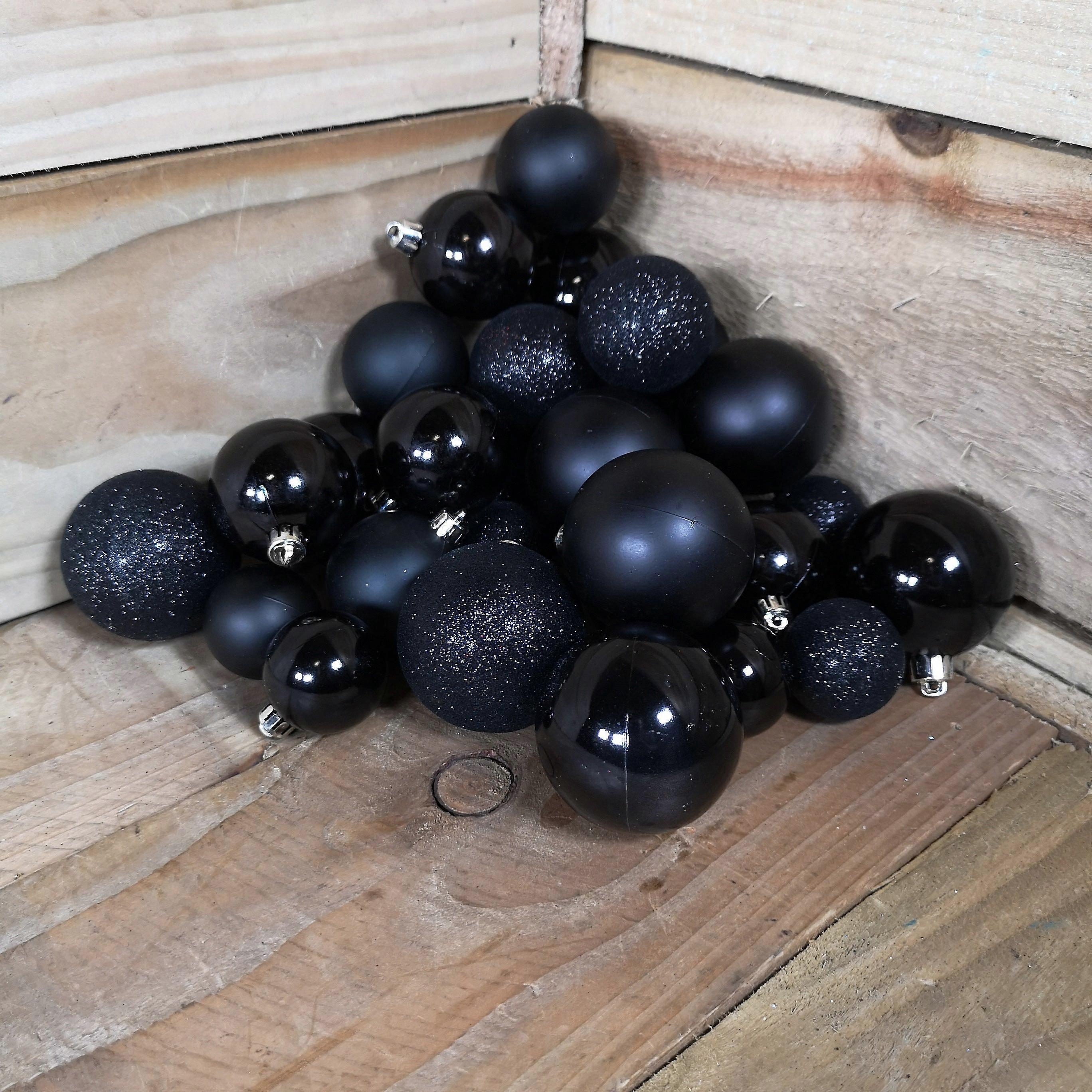 30 Christmas Assorted Shiny Matte Glitter Black Baubles
