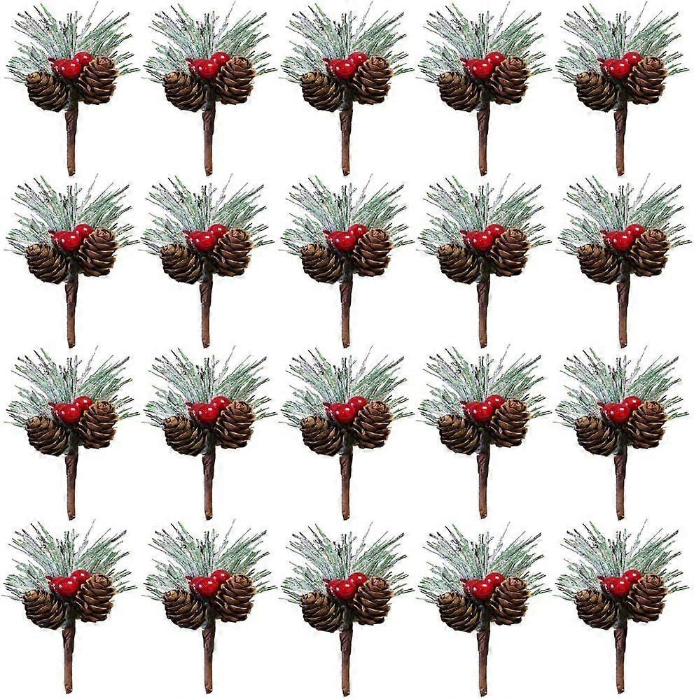 20 Pieces Artificial Pine Picks with Red Berries & Snowflakes