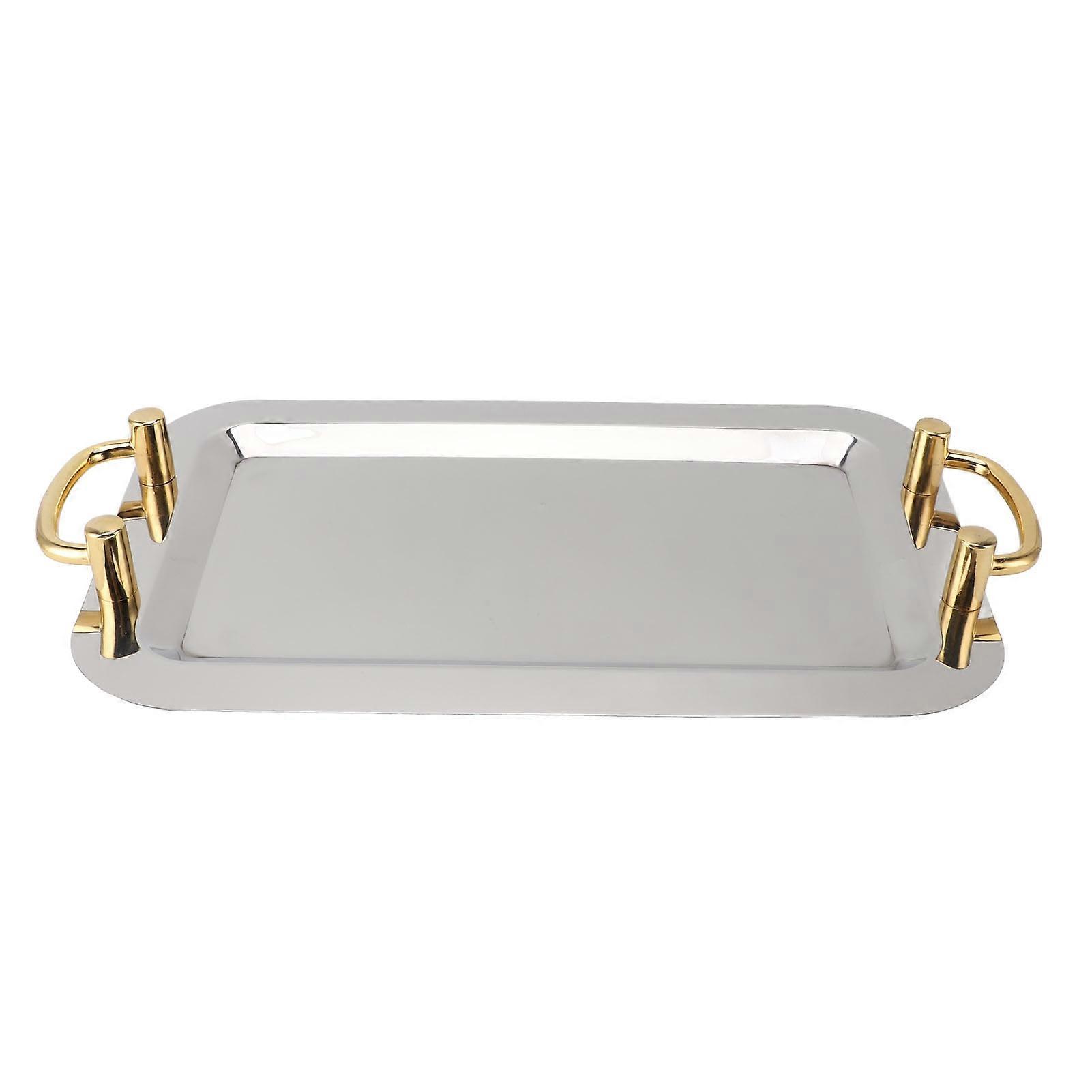 Stainless Steel Serving Tray Exquisite Elegant Mirror Surface Golden Carrying Handle 304 Stainless Steel Dinner Plates for Hotel Buffet Rectangular (