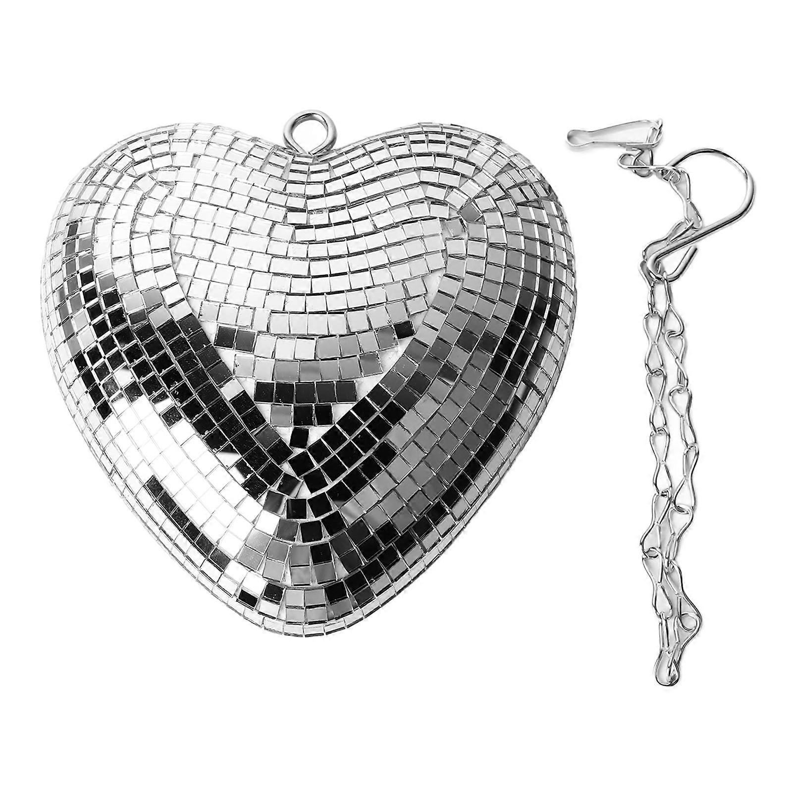 Heart Shaped Mirror Ball Shiny Reflective Decoration with Hook Chain for Party Karaoke Bar Silver