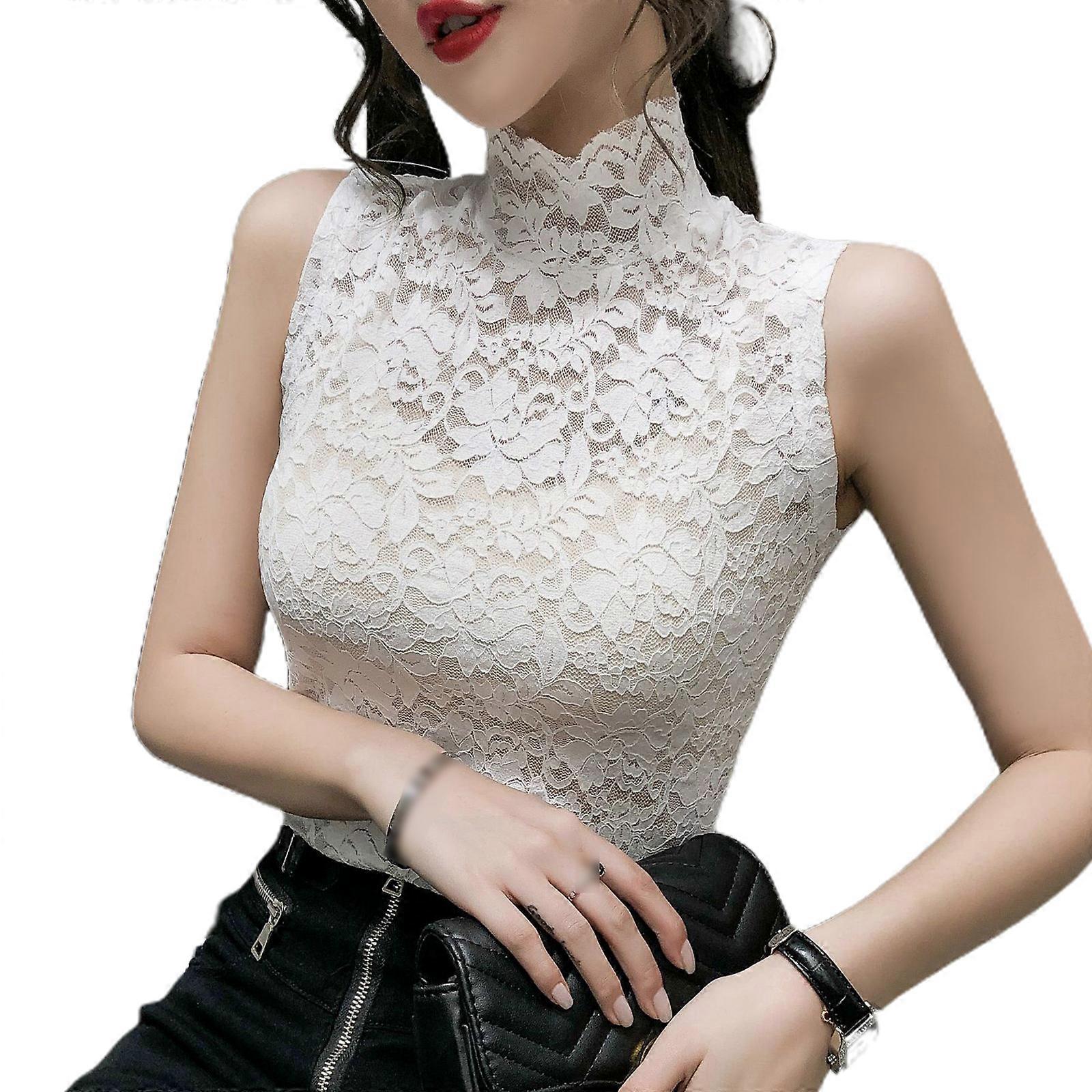 Women Sleeveless Mock Turtleneck Top Sleeveless Slim High Turtleneck Fitted for Tank Top Slim Fit Tunic Lace Bottoming T  White Average code