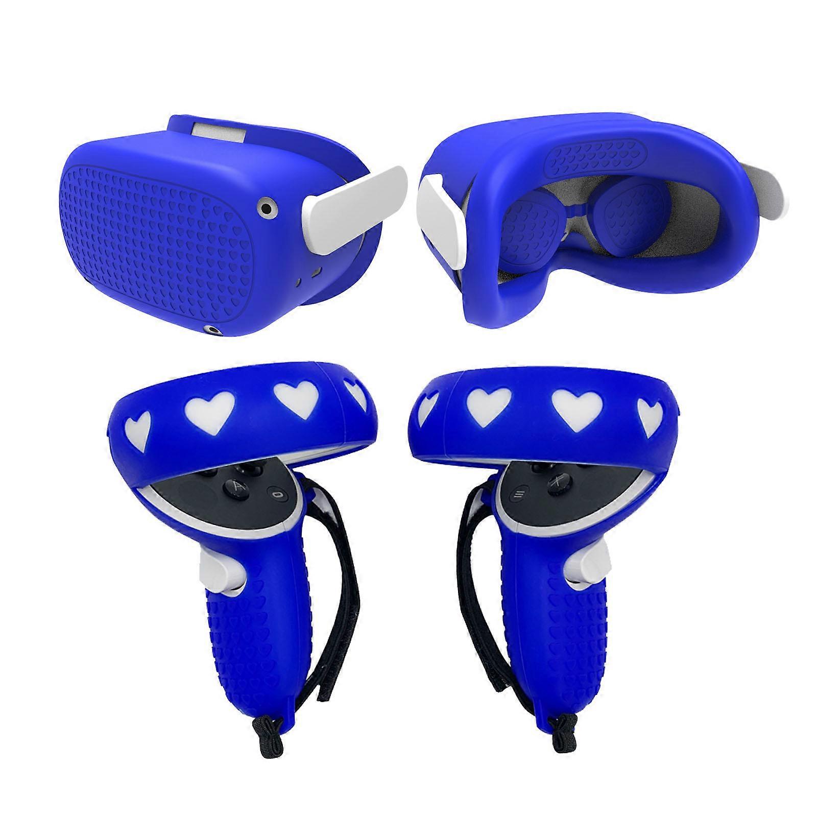 1 Set Controller Grip Cover with Face Cover Handle Protective Sleeve Silicone Face Pad Kit for Quest2 Blue