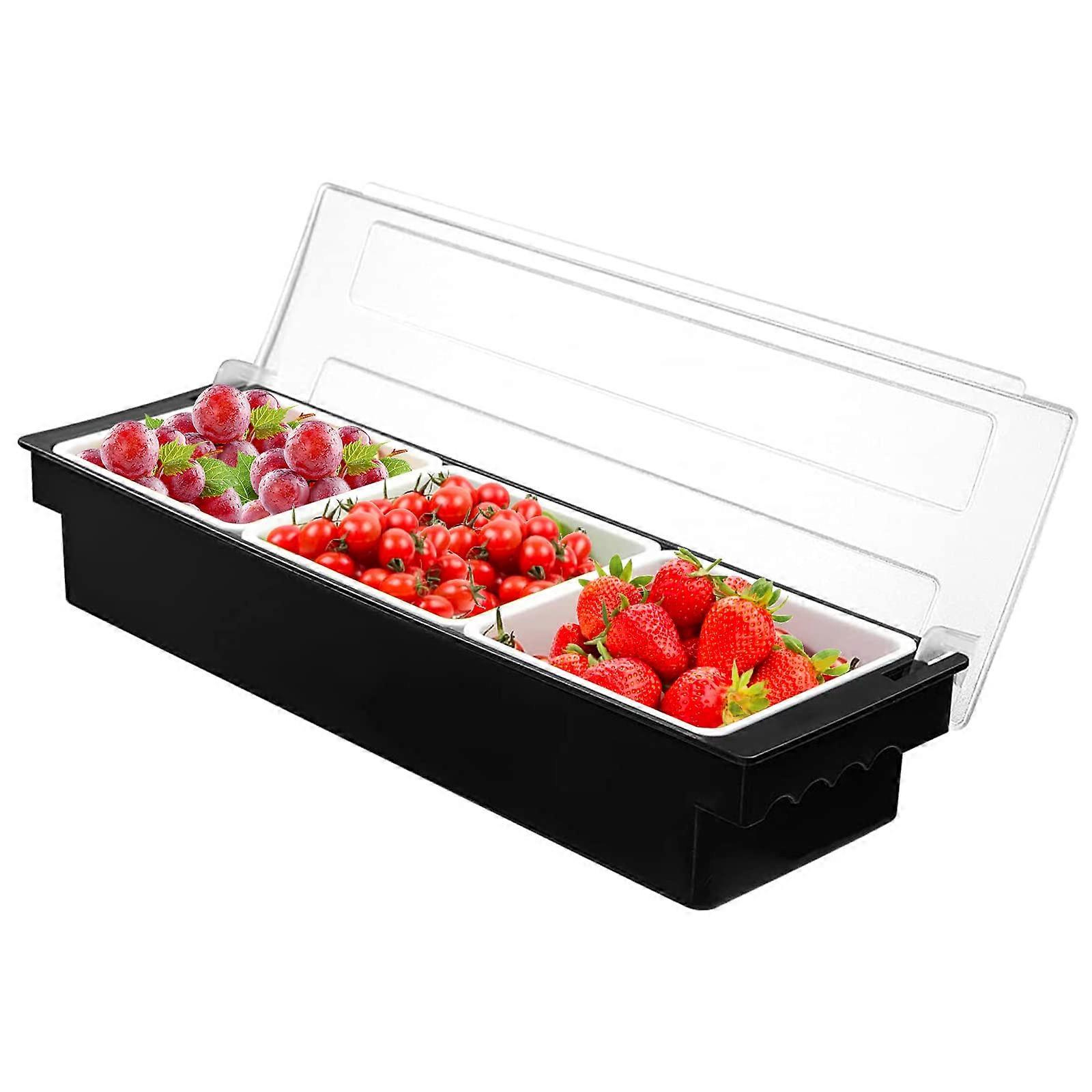 Fruit Veggie Condiment Caddy with Lid, 3-Compartment Plastic Dispenser Tray for Dips, Toppings, Taco Serving