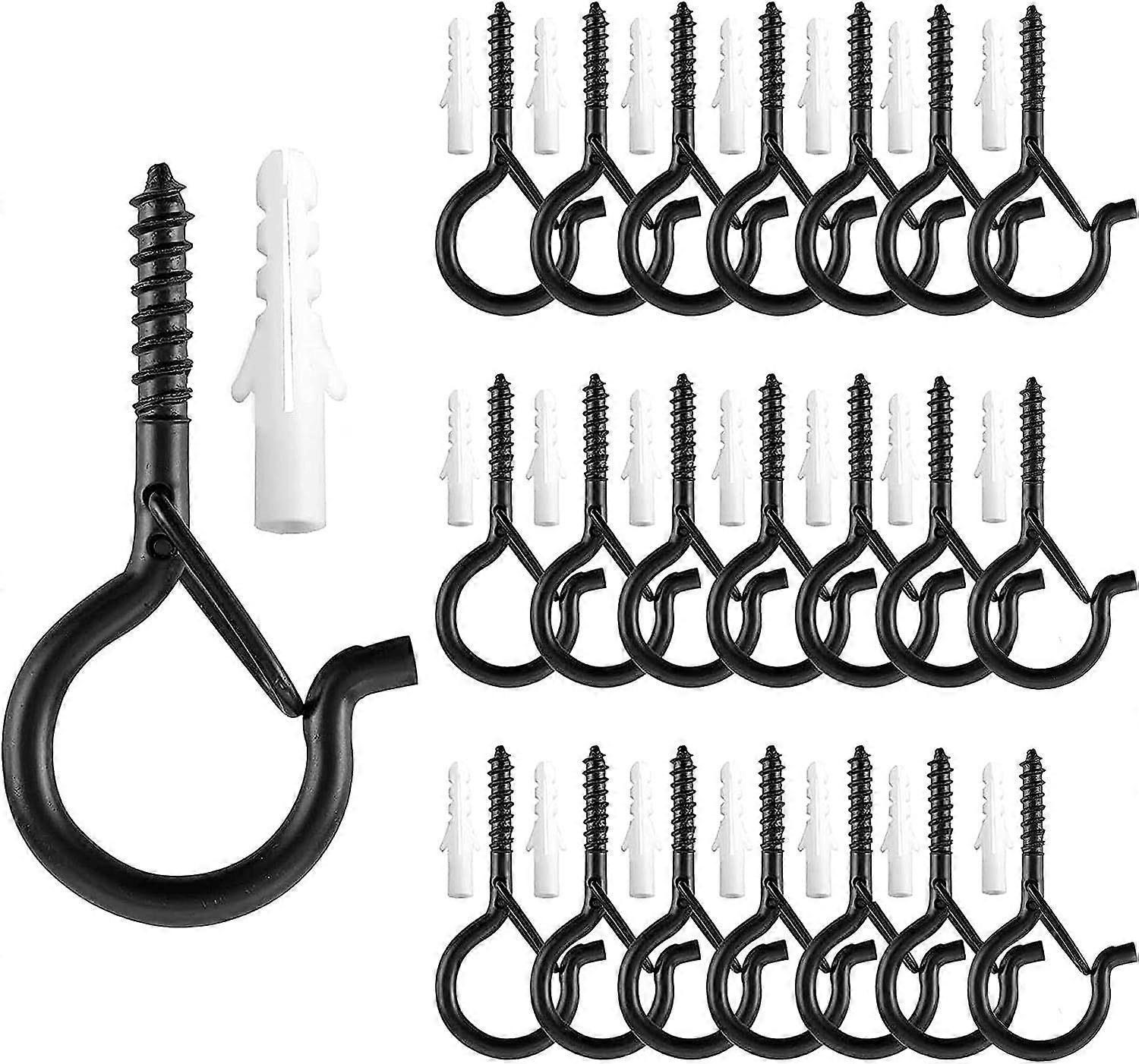 Q-Hanger 24 Pack Screw Hooks for Hanging Lights Wall, Cabinet, Ceiling with Safety Buckle for New Year, Party, Home, Garage (Black)