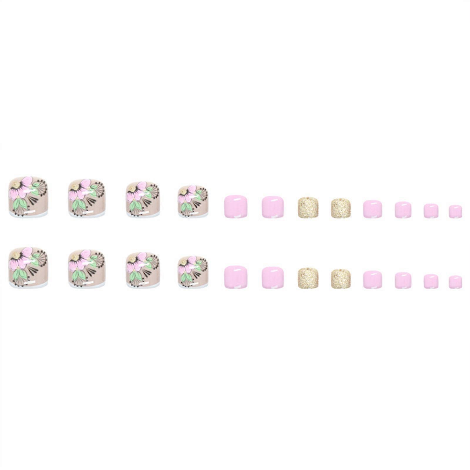 Spring Pink Flower Fake Toenails with Smooth and Harmless Edge Nails