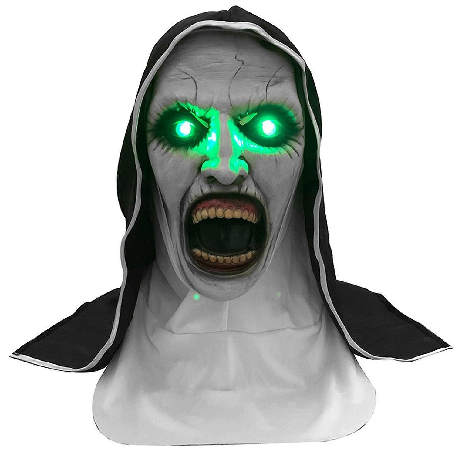 The Nun Scary Latex Mask with LED Green Eye Light, Open Mouth Horror Nun Costume for Women Halloween Party Props