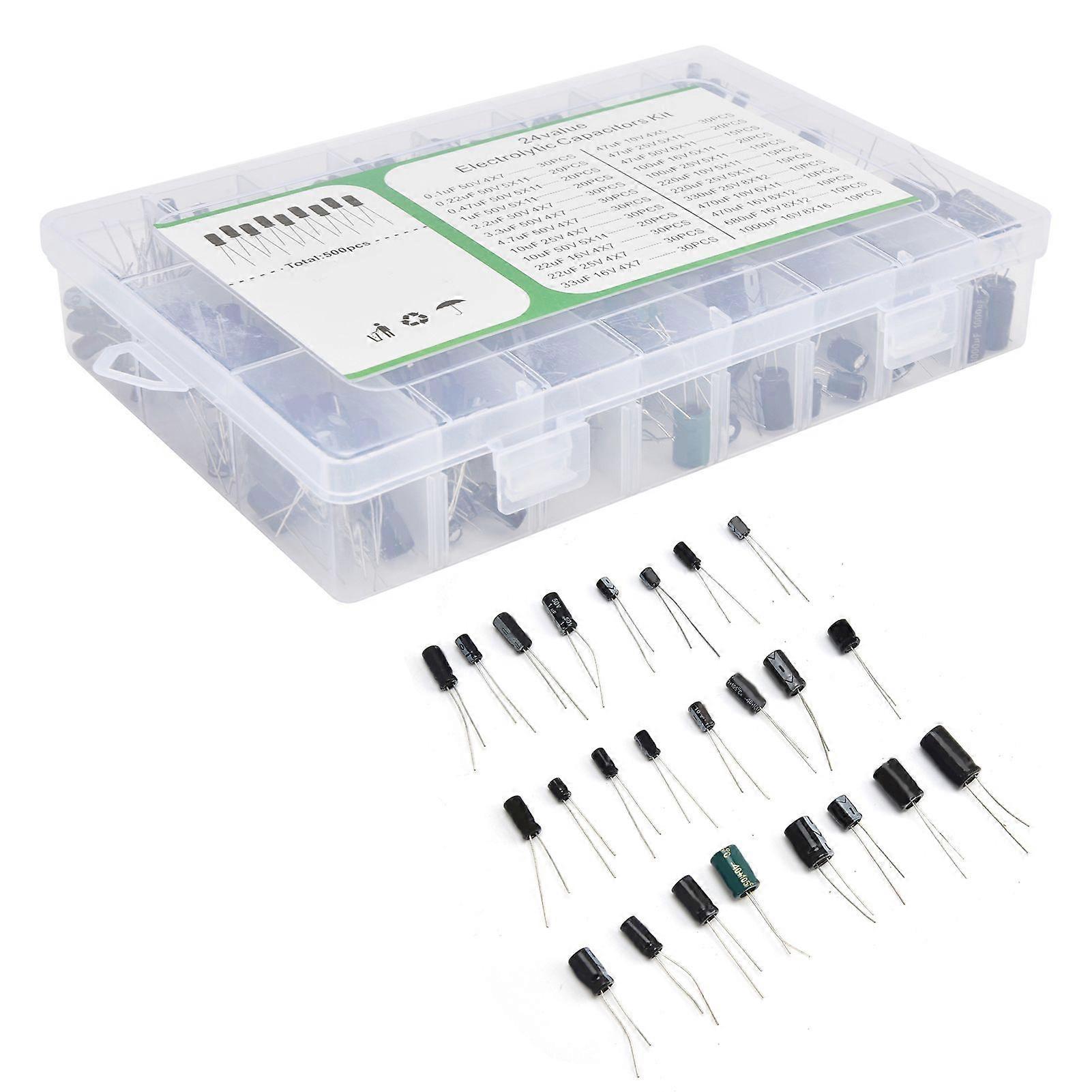 High quality 24 types of 500pcs electrolytic capacitors in boxes 0.1uF-1000uF