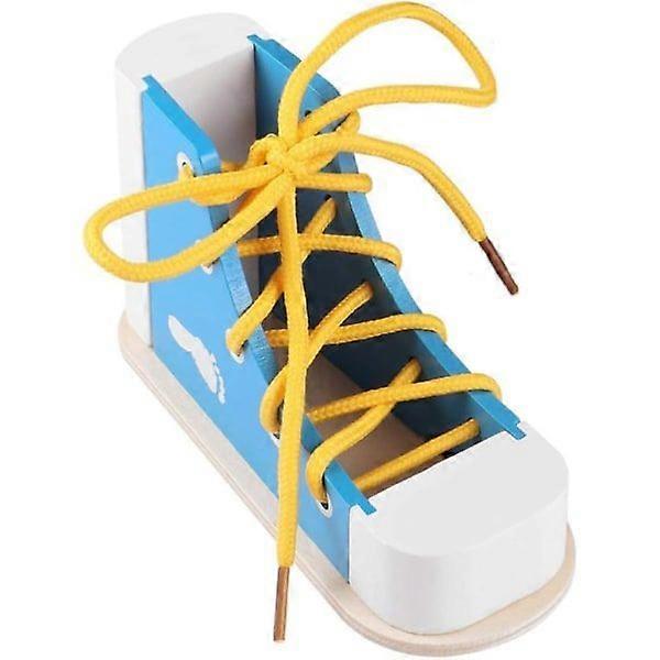 Piece Wooden Shoelace Toy, Shoelace Threading Teaching Toy Shoe Tying Teaching Set Learn to Tie Shoes for Kids (Blue)