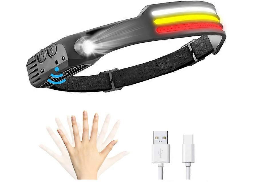 LED Head Torch,Rechargeable Headlamp,COB White,Yellow and Red Headlight with 10 Modes Low and High Lighting(Black)