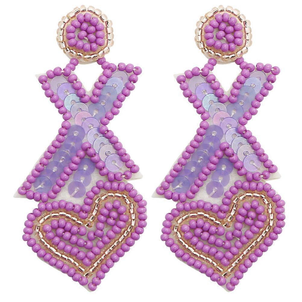 Heart Shaped Earrings Beaded Dangle Style Retro Ethnic 8.7x2.5cm Purple 1 Pair