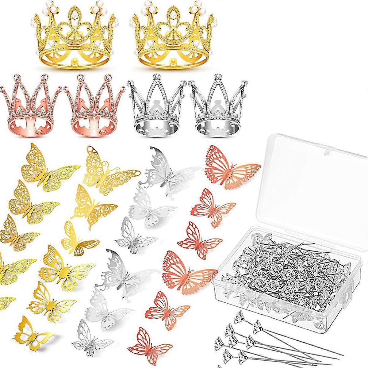 166 Pcs Crown Decor for Flower Bouquet with 6 Crown Cake Topper 100 Corsage Pins 60 Butterflies Multicolor