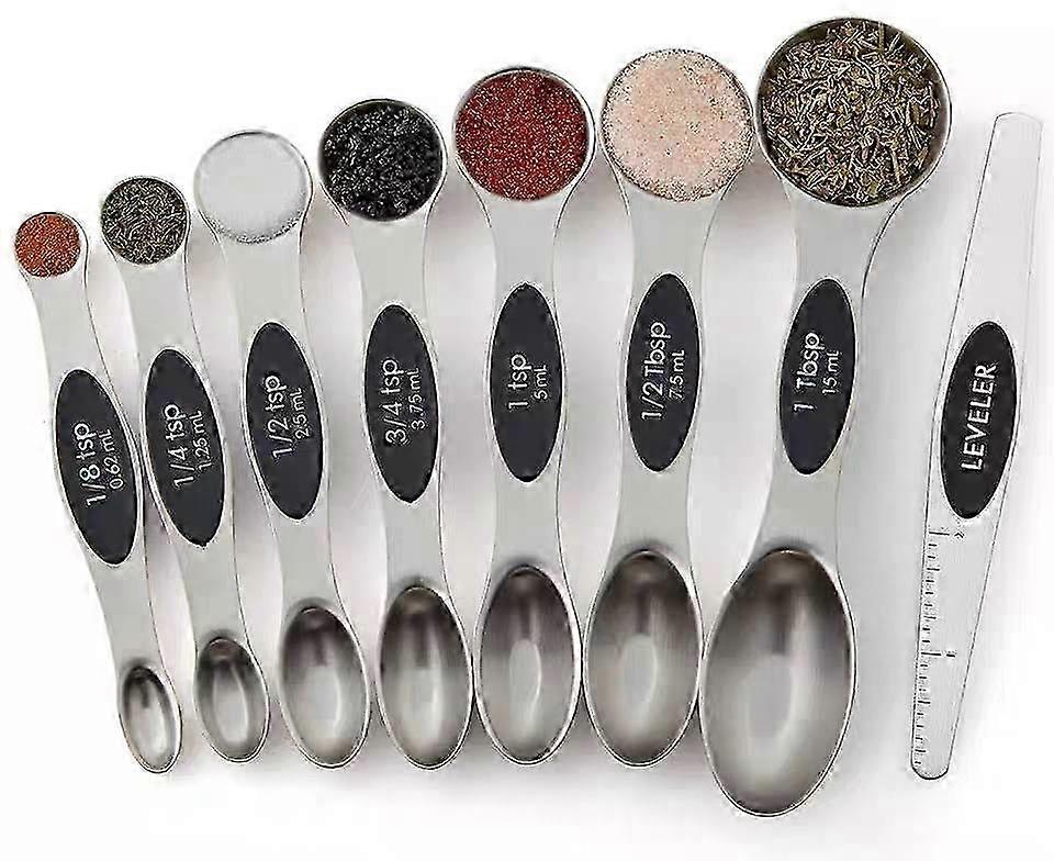 Set of 8 Magnetic Measuring Spoons, Dual Sided, Stainless Steel, Fits in Spice Jars, Black