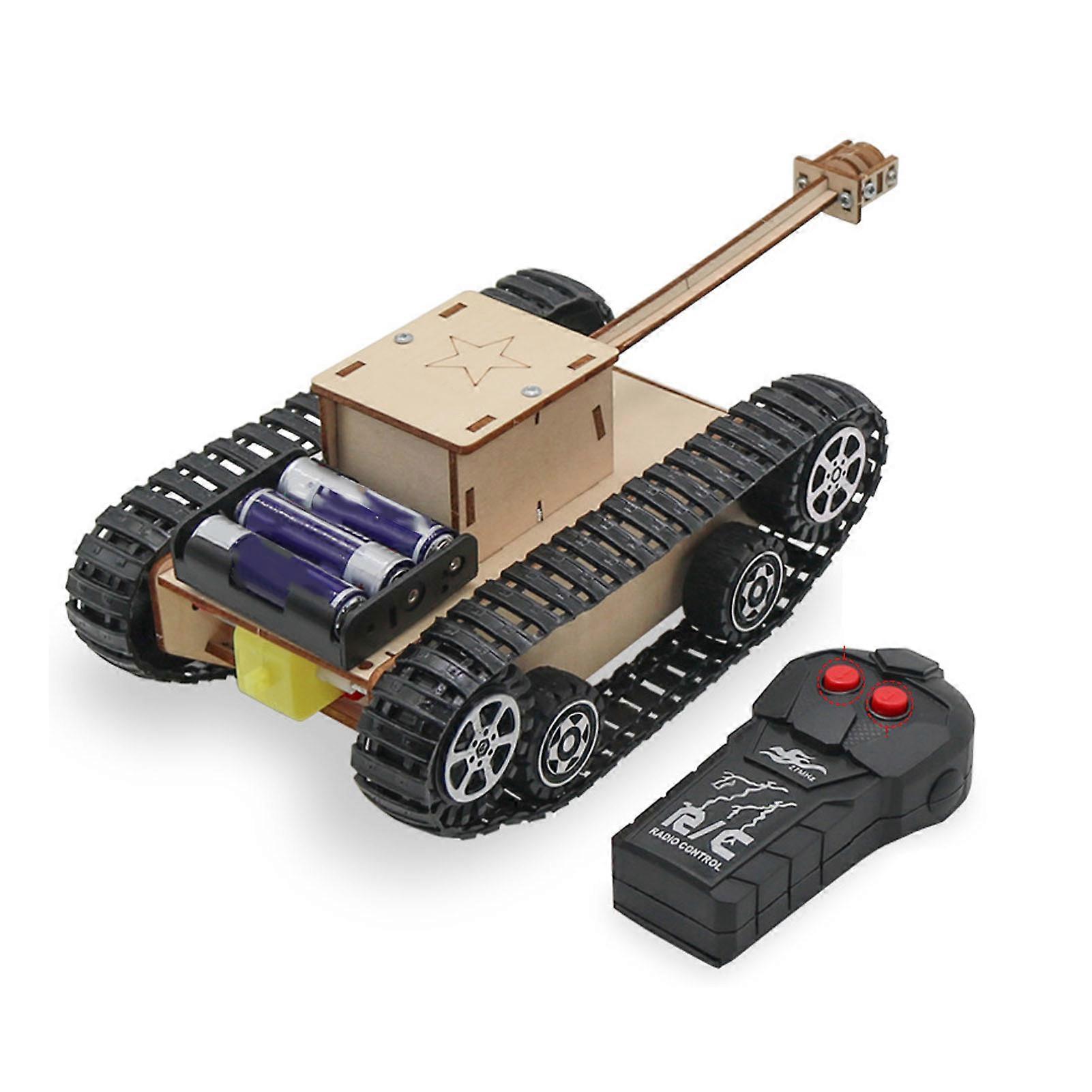 Wooden Puzzle Model Car Kit Electric 2-Way Remote Control Science Technology Simulation Tank Toy for Kids
