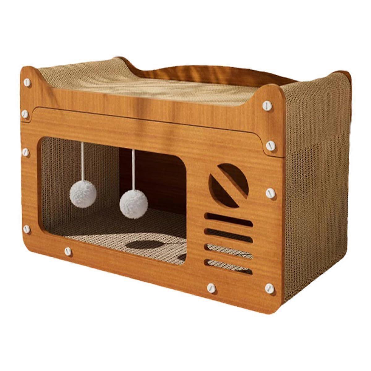 Cat Scratch Post Cardboard House Scratcher Curved 2-In-1 All-Sides Use Scratching Pad With Spring Toy For Indoor Cats