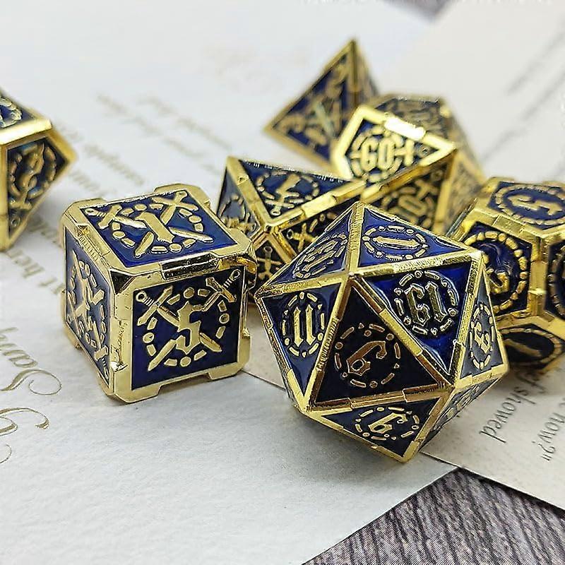 7 Pieces Solid Metal DND Dice Set, Sword Pattern DD Dice, Polyhedral Metal Dice Golden Blue