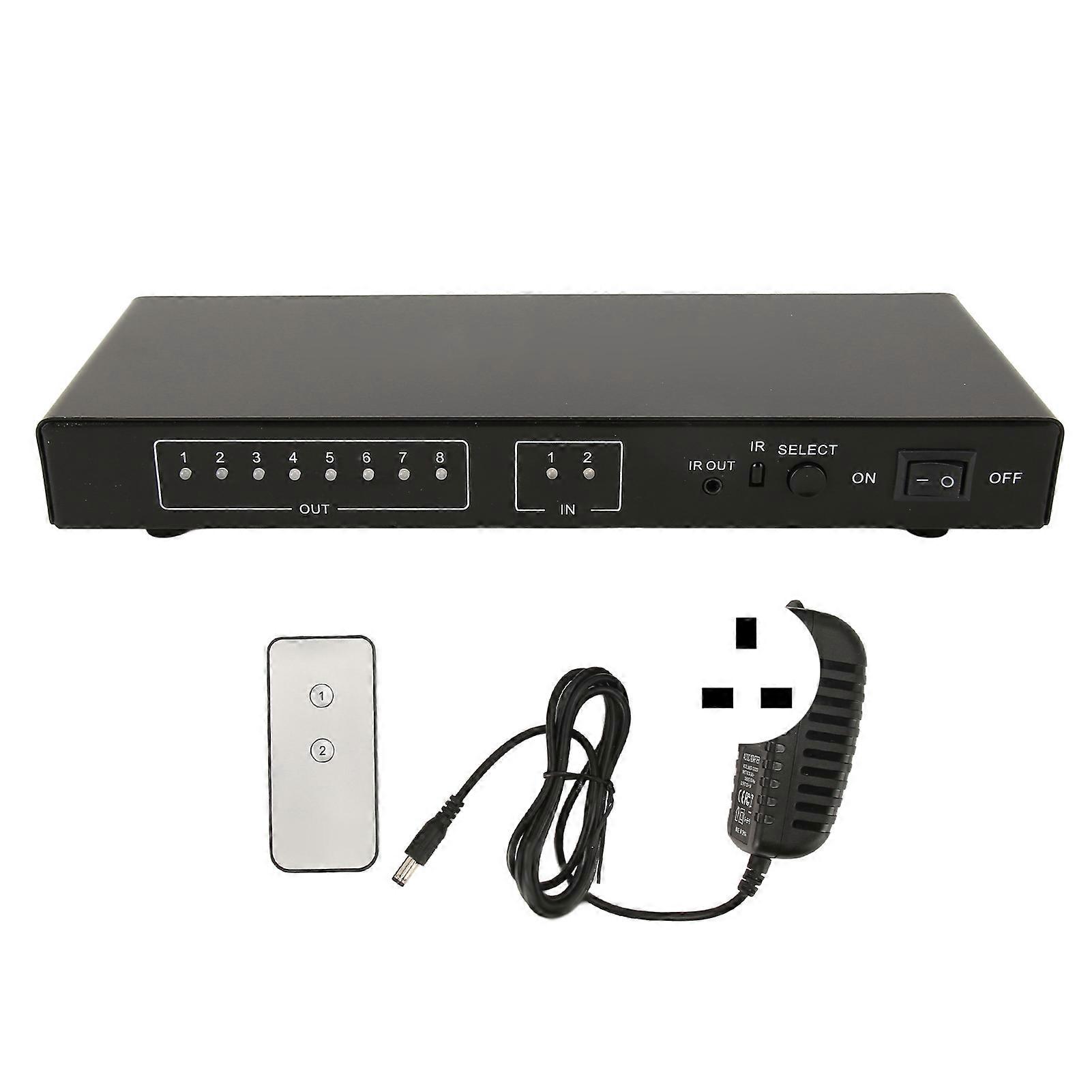 2 in 8 Out 4K 60Hz HD Multimedia Interface Splitter with Remote Control, UK Plug