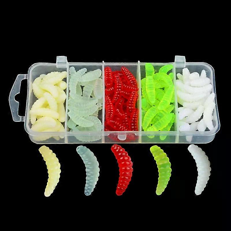 اللياقة البدنية 100 قطعة / صندوق الطعوم الصغيرة: اليرقة الناعمة البسيطة 2 سنتيمتر 5 ألوان الصيد المختلطة السحر سيليكون الخبز الإلكتروني دودة إغراء مربع صيد سمك السلمون المرقط سمك الفرخ باس