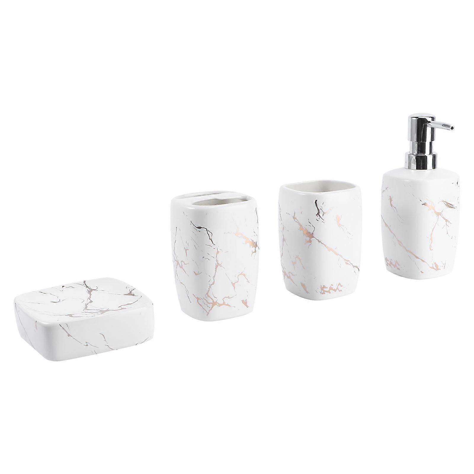 Bathroom Toothbrush Storage Set With Lotion Bottle And Soap Dish For Home Use In White Ceramic Design 1Set